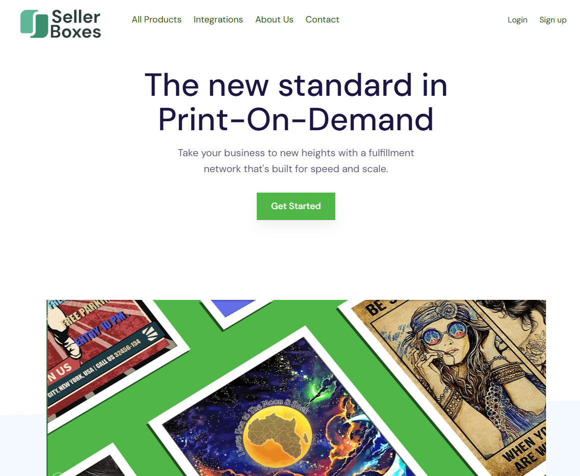 SellerBoxes homepage with Sign Up button visible